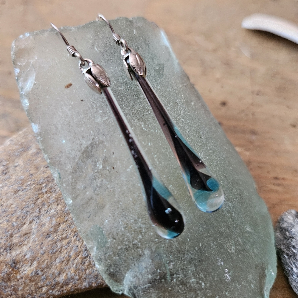 Recycled Blue Glass drops 925 Sterling Silver Earrings